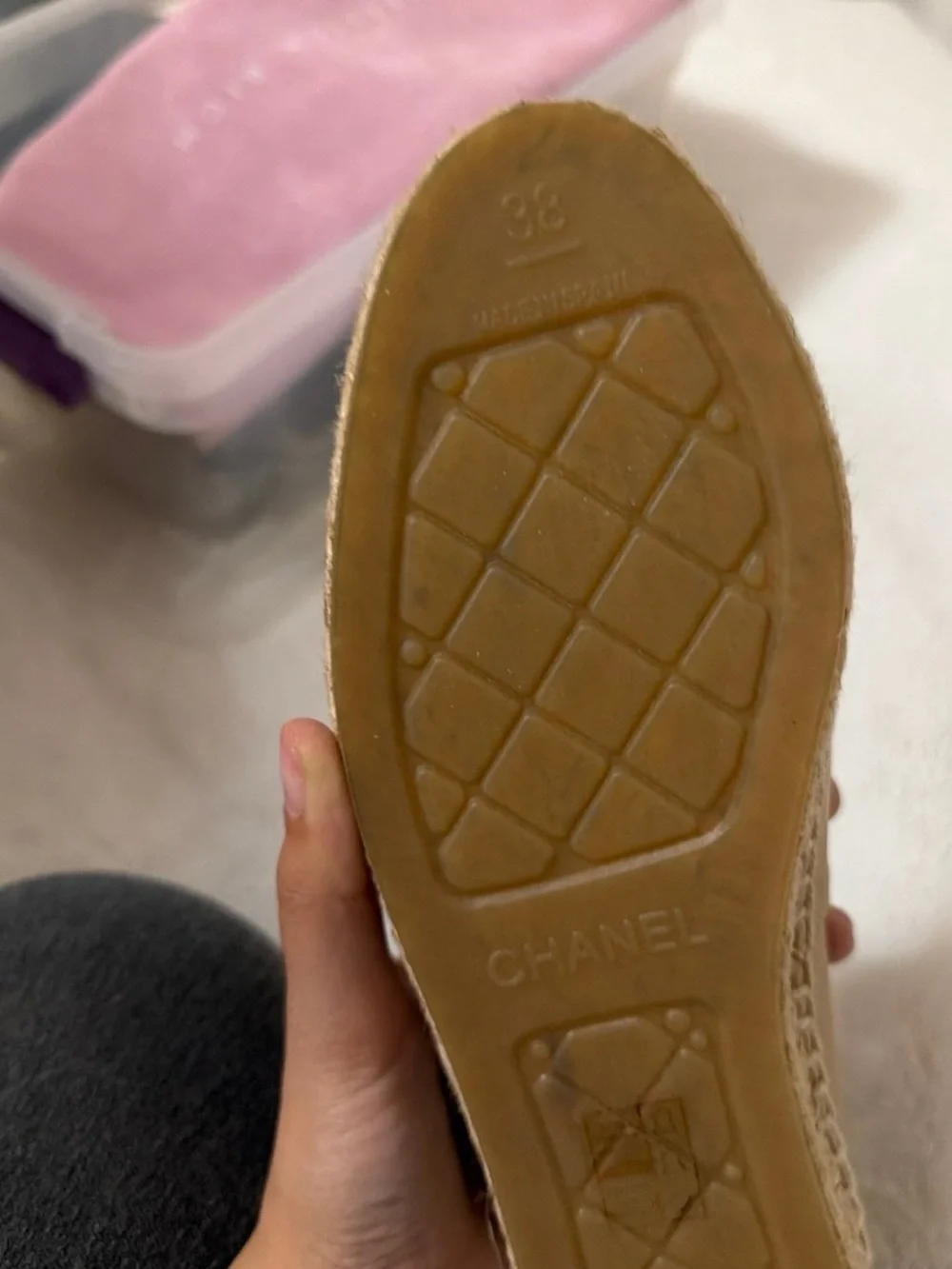 CHANEL Beige Leather Espadrille NIB with Black Cap Toe